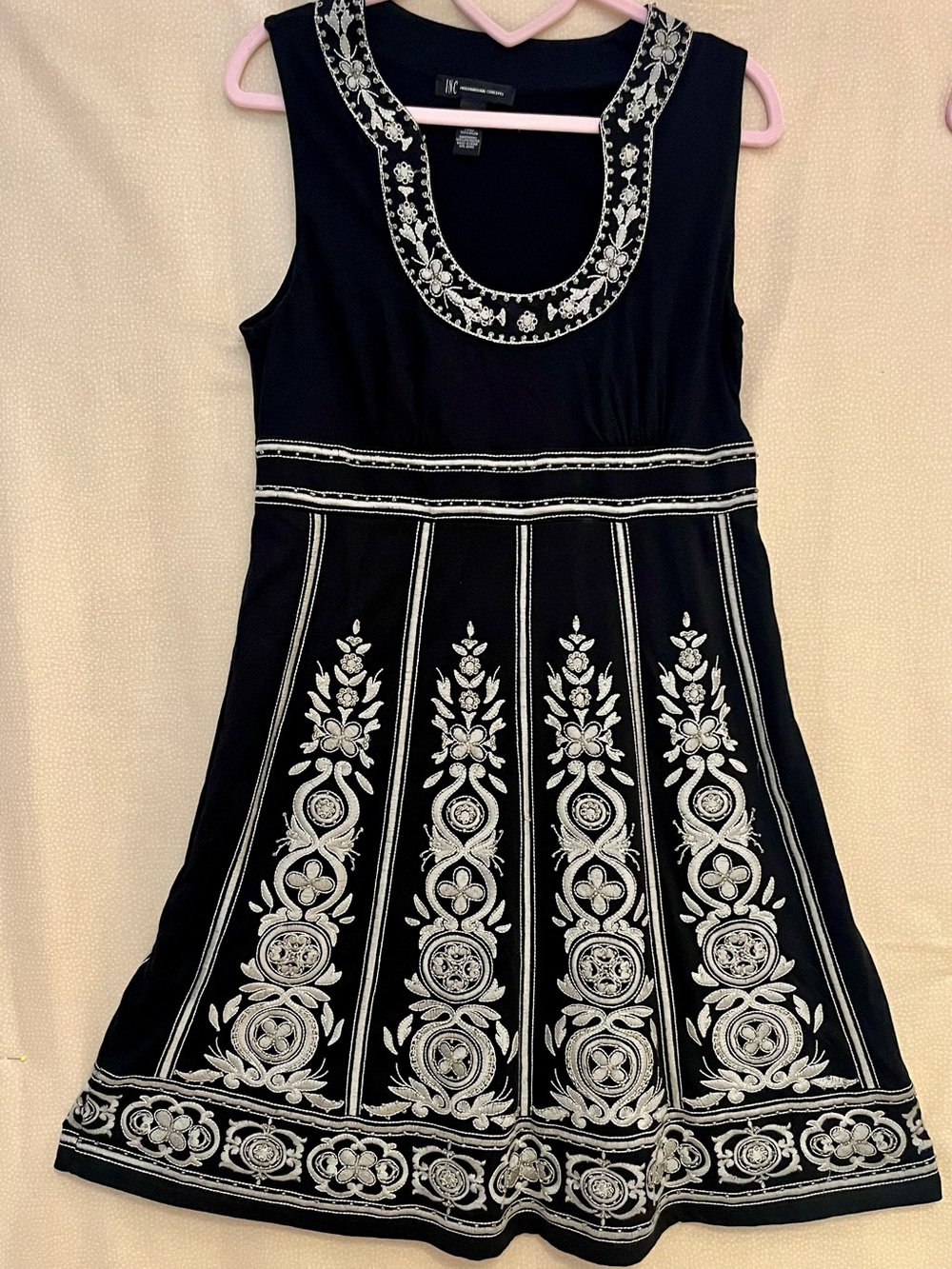 INC International Concepts Black Dress with White Embroidered Detailing
